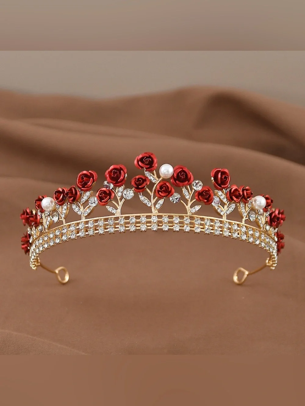 Gold Floral Tiara with Red Rose Accents and Pearls